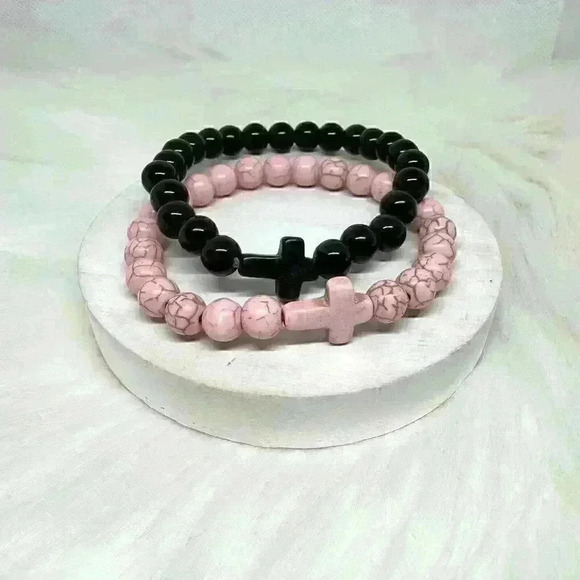 Black Pink Duo Natural Stone Cross Bracelet - Picture 1 of 5